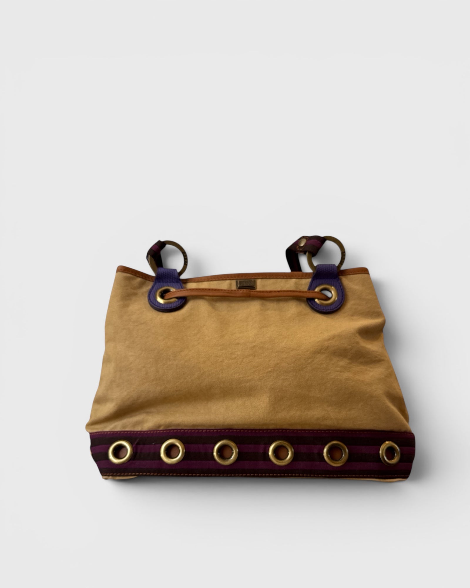 Sac vintage en toile beige et détails violets, Gianfranco Ferré