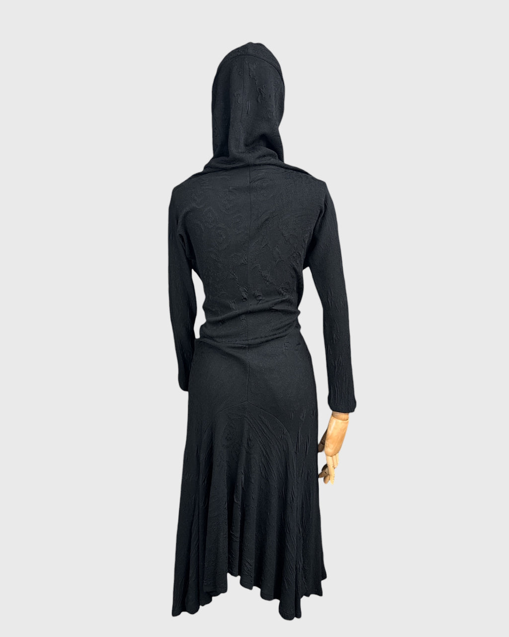 Long black dress with draped collar by Georges Levesque, size S